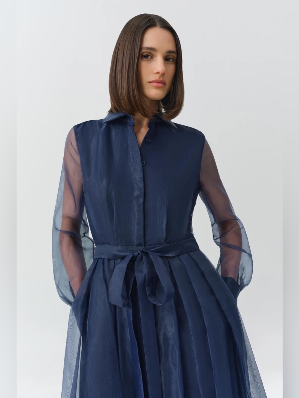 NEW SIMKHAI Montgomery Long Sleeve Button -Up Belted Midi Dress, Midnight Navy
